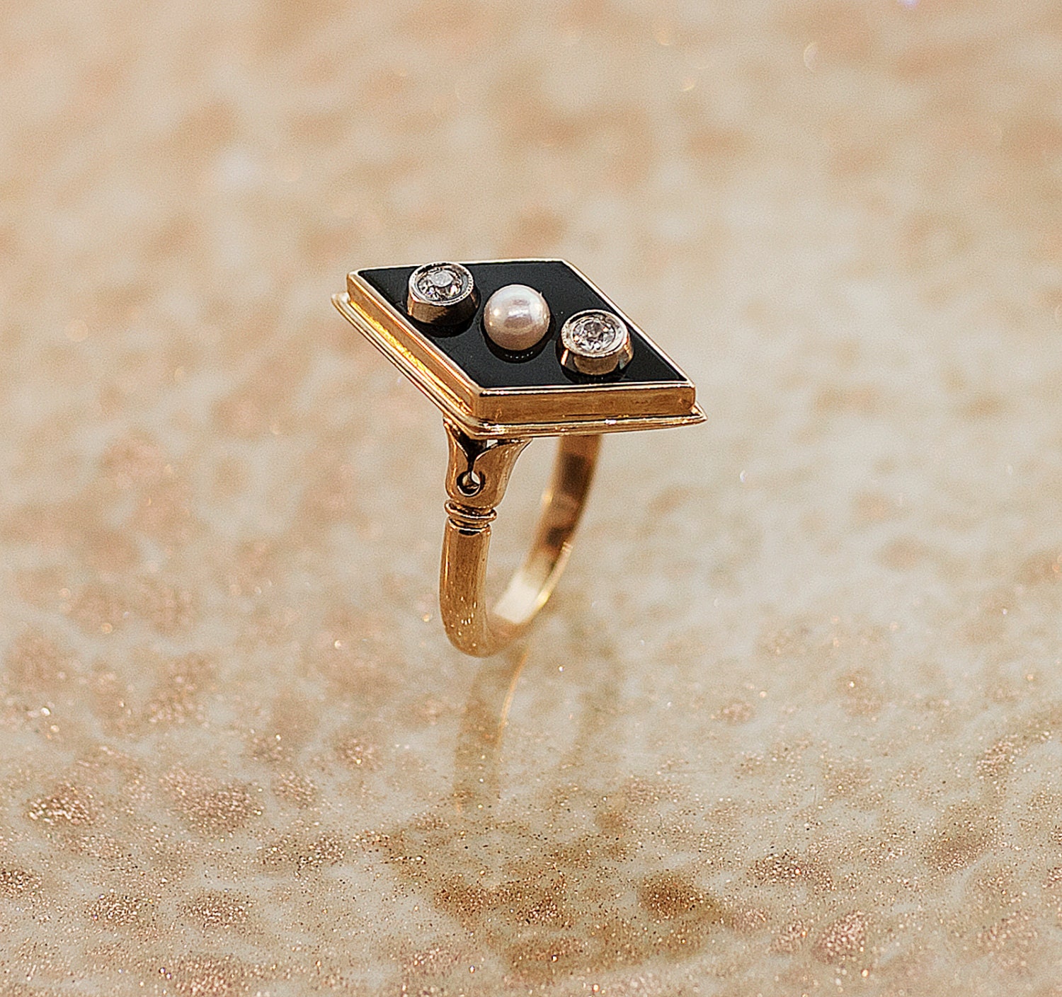 Vintage 14k Rose Gold Black Onyx, Diamond and Seed Pearl Ring