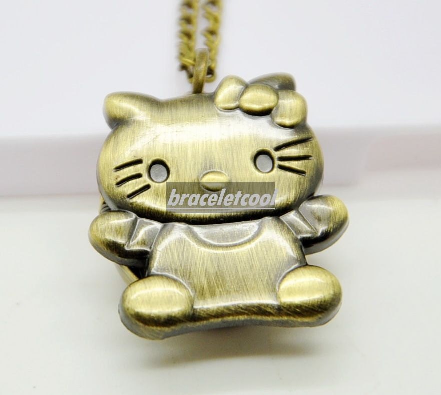 ancient vintage style bronze hello kitty pocket watch women's chain long necklace everyday necklace    HB004