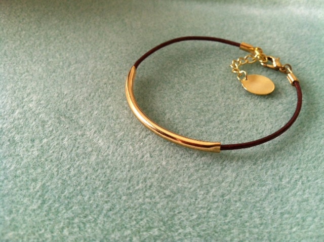 Gold Bar Bracelet on Copper Leather Cord with Gold Chain and Dangle Charm