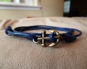 Blue Woven Waxed Cotton Cord Wrap Bracelet with an Antique Brass Anchor featuring adjustable slip knot