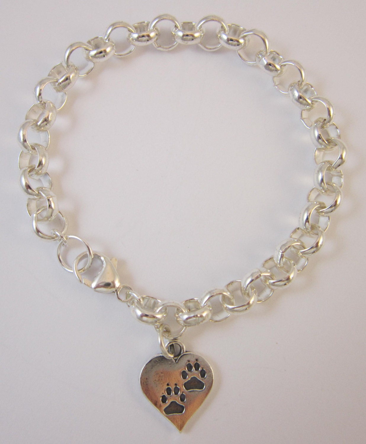 Bright Silver Rolo Chain Bracelet with Sterling Silver Paw Print Heart Charm - Animal Love, Dog Lover, Stop Abuse, Casual, Unique,