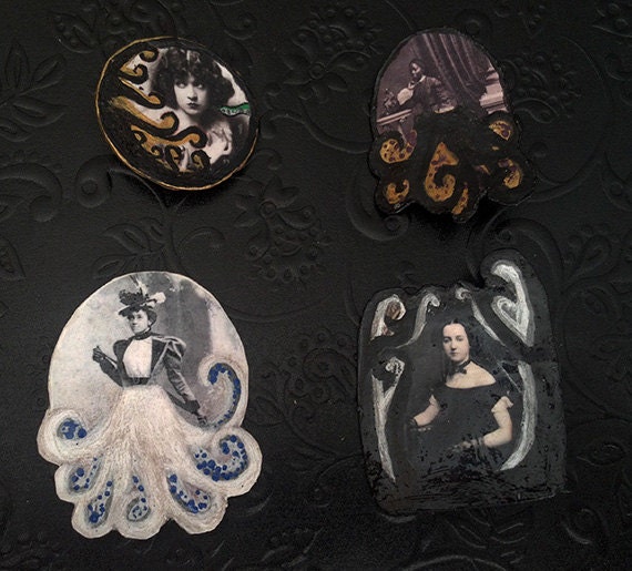 Victorian Cilophytes Pins (Vintage pictures and prints hand painted into Octopus Women)