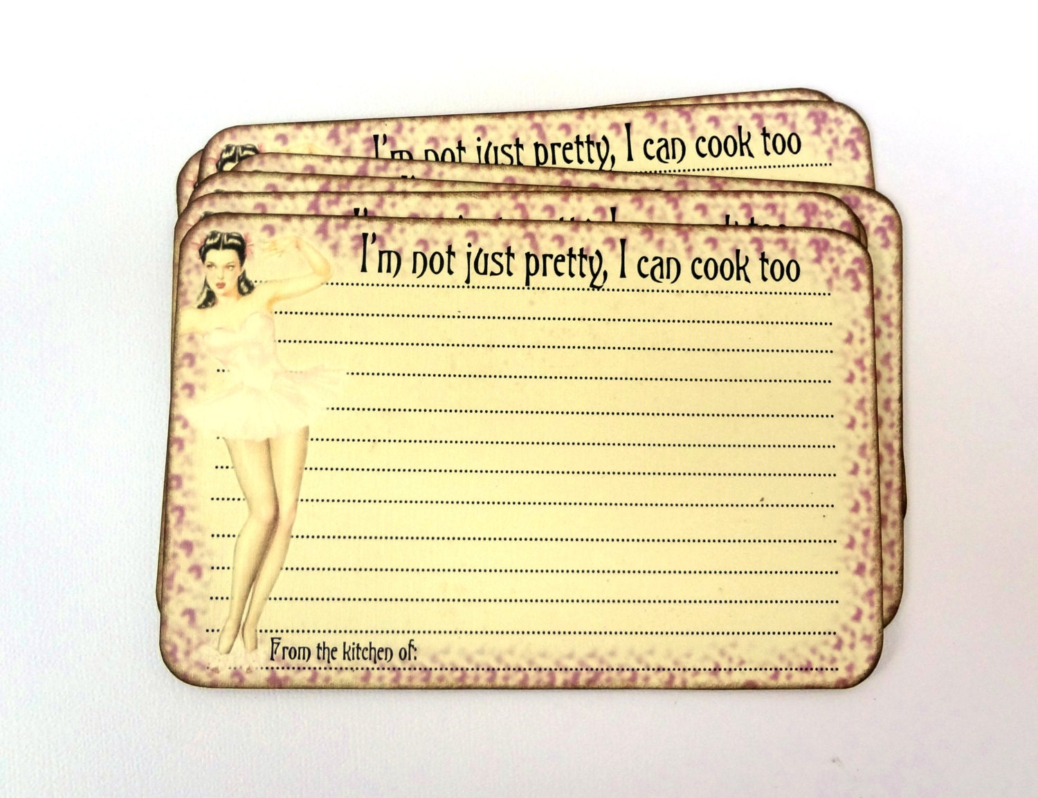 Funny Recipe Cards, Bridal Shower Recipe Cards, Retro Recipe Card Set, Shabby Pink Pin Up Girl Recipe Cards, Set of 12, 4 x 6 Recipe Cards