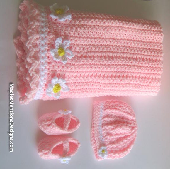 Crochet Baby Blanket Set with Hat and Baby Booties Slippers Perfect for Stroller - Travel or Car Seat Handmade Crocheted