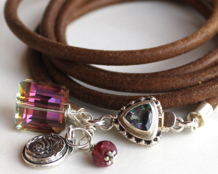 Gemstone bracelet - Sparkle silver and leather artisan bangle bracelet
