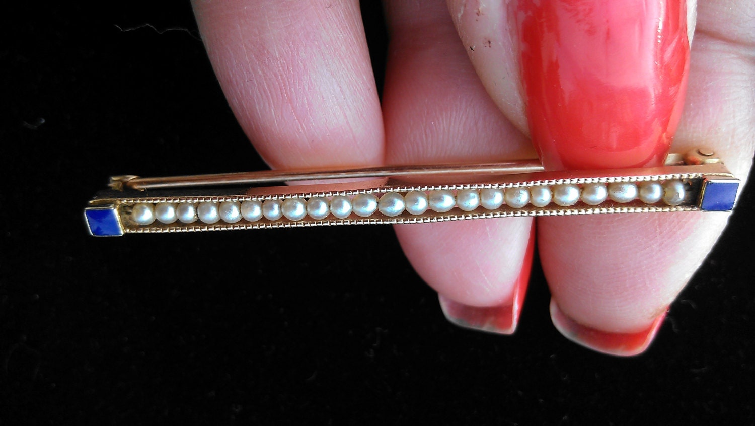 Victorian 18k Gold Seed Pearl Blue Enamel Brooch