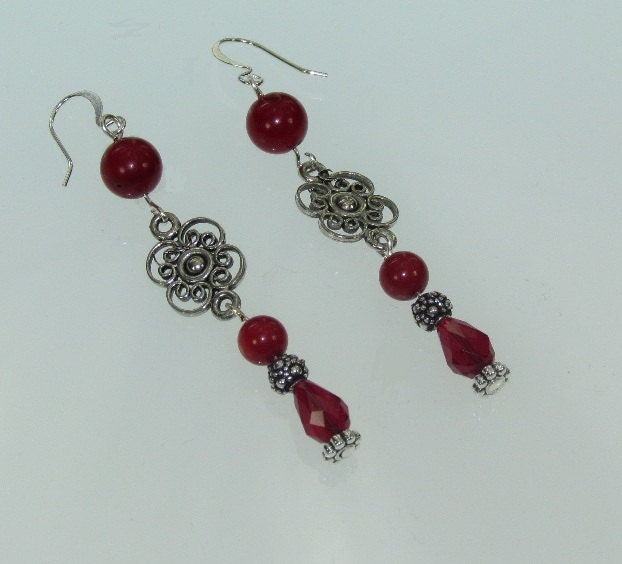 Red Bamboo Coral and Swarovski Crystal Silver Plated Dangle Earrings