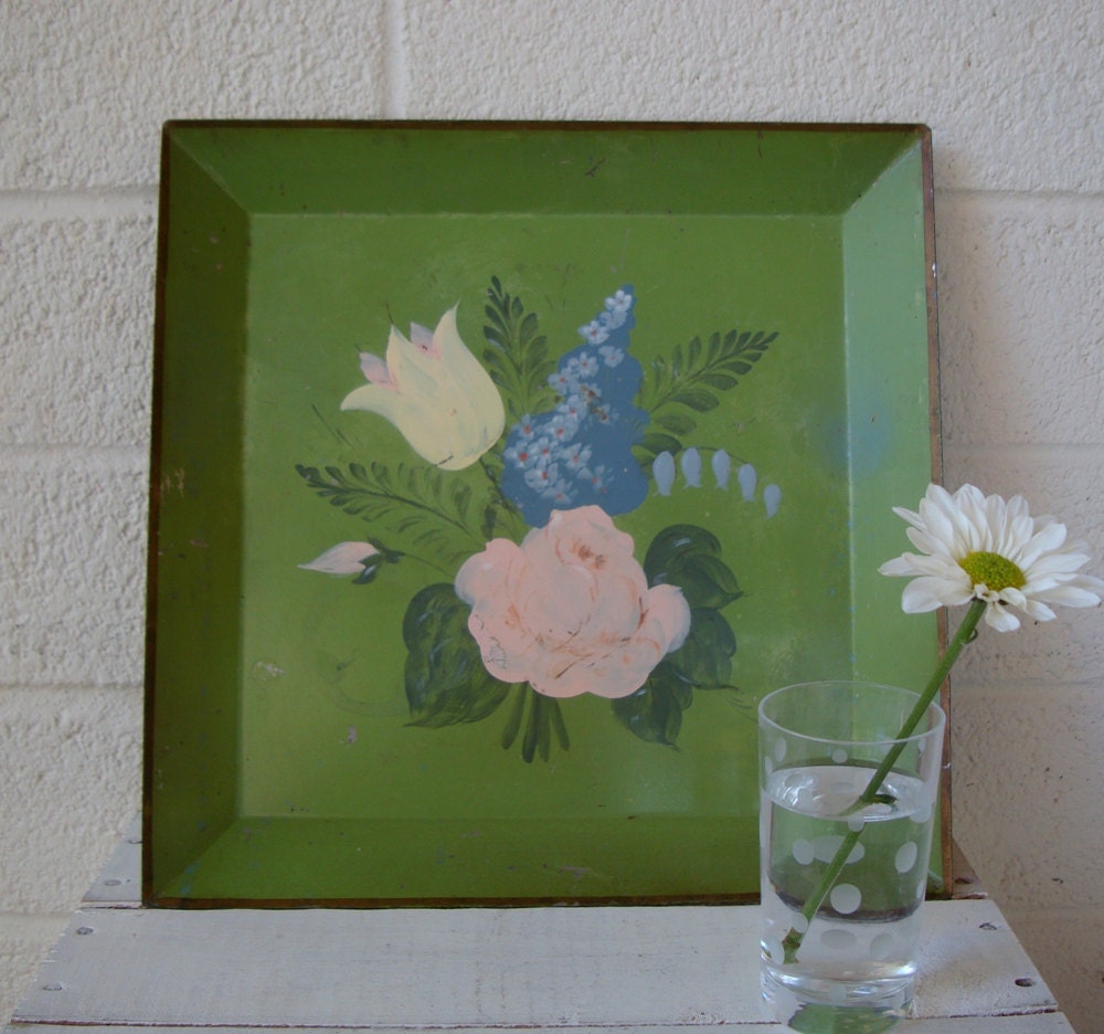 Vintage Hand PAINTED Square METAL TRAY- Green with Handpainted Flowers