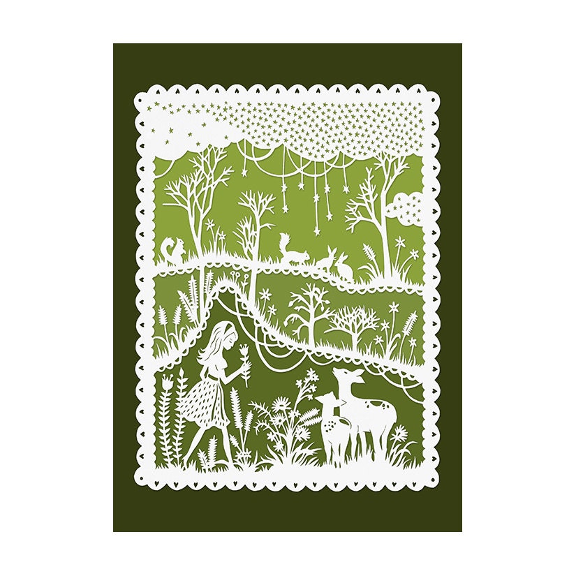 5x7 Papercut Print - Girl and Deer in a Meadow - Original Illustration