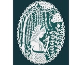 Girl in the Willow Trees - Original Papercut Illustration - Teal 8x10 Print