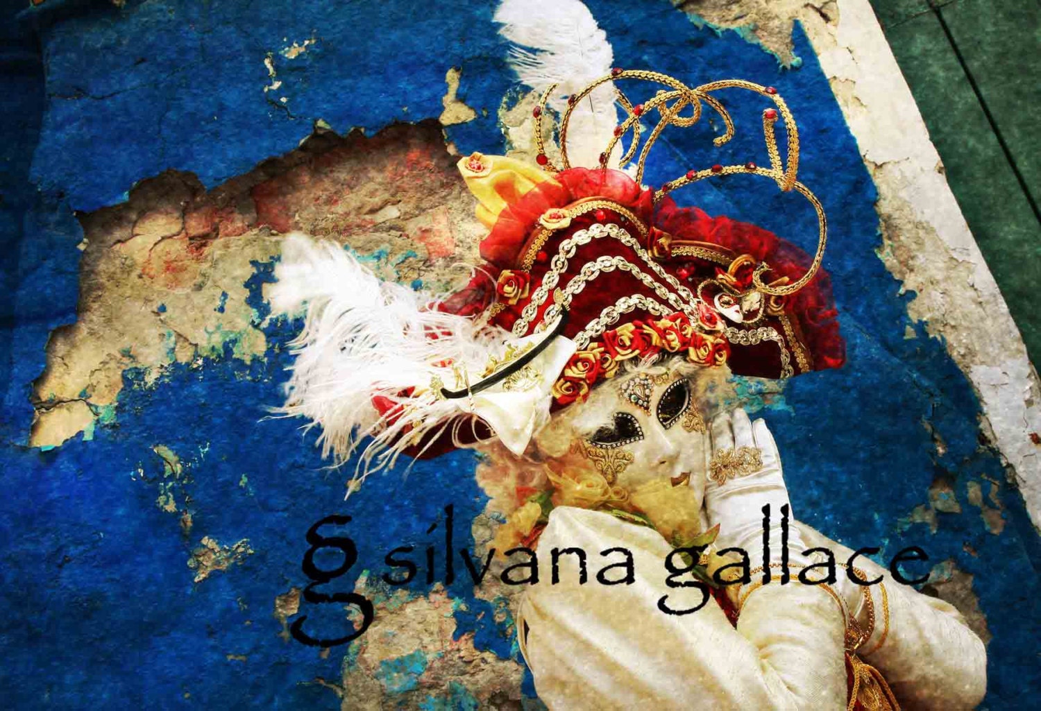 Burano Venice Mask White Gloves Red Hat Blue Wall Carnival Italy 8x12 Fine Art PhotographyLimited Edition Giclee Print by Silvana Gallace