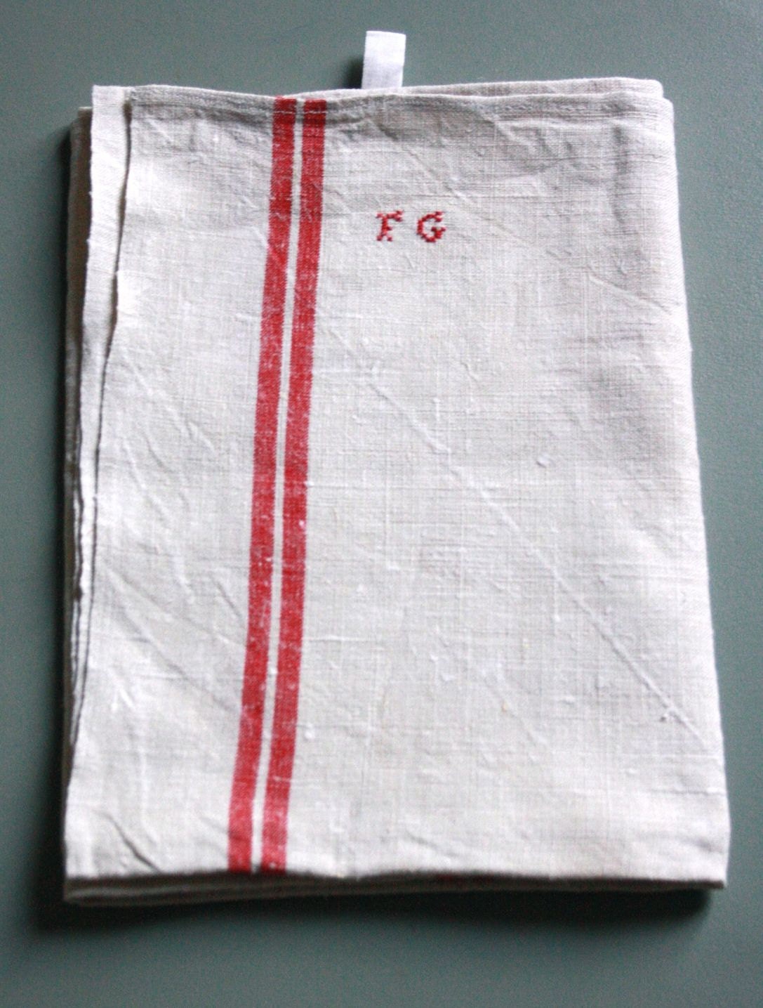 vintage linen red stripes monogrammed towel