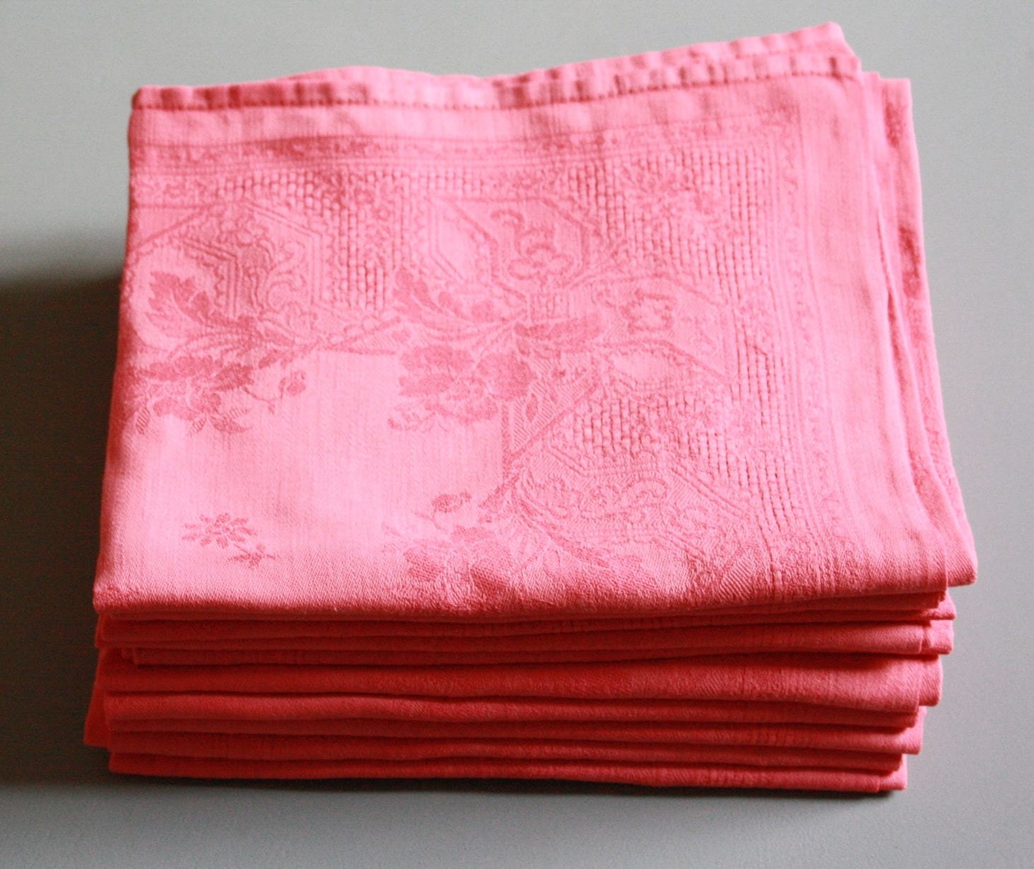 set of 10 damask hand dyed in coral pink napkins, french damask napkins