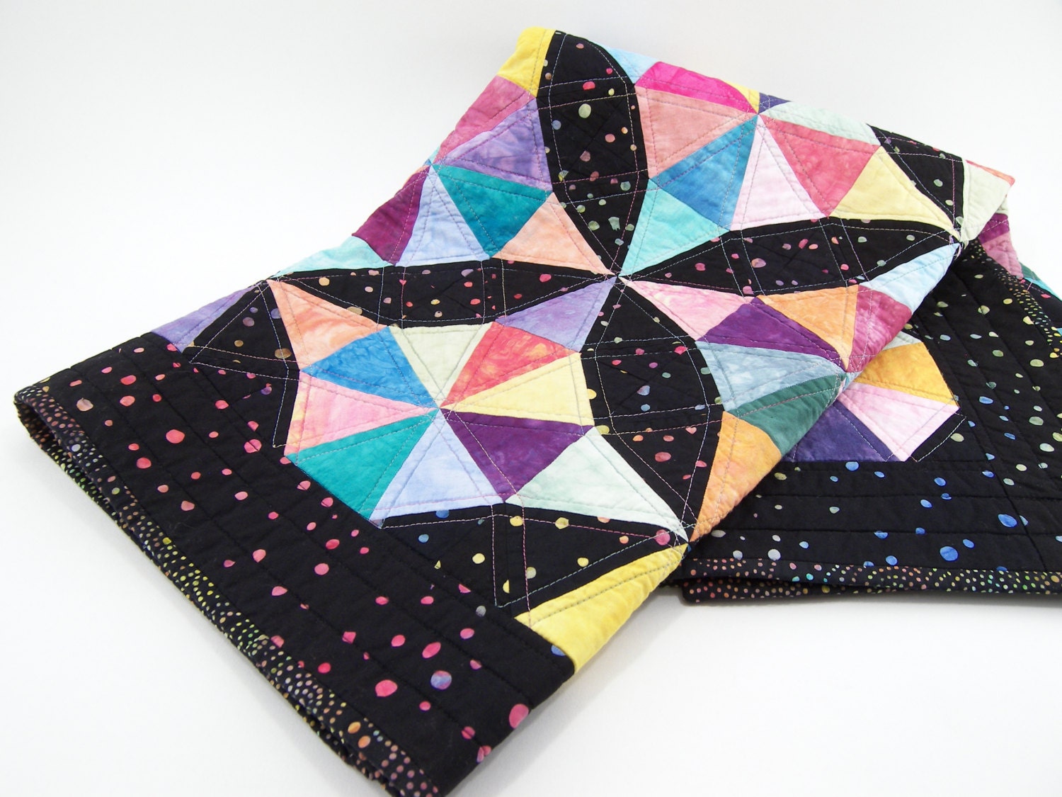 Kaleidoscope Baby Quilt, Crib Blanket or Cot Quilt, Star Textile Wall Hanging in Hand Dyed Pastels with Black Batik