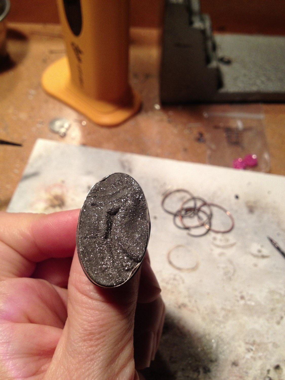 Silver Sparkling Pyrite Druzy Statement Ring in Oxidized Sterling Silver