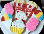 Circus Party Themed Decorated Sugar Cookies- popcorn, cotton candy, sno cone, and cupcakes