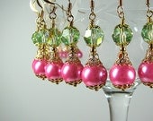 Bridesmaid jewelry Pink and green bridesmaid earrings Crystal and pearl beaded dangle earrings Prom bridal wedding jewelry Beaded jewelry