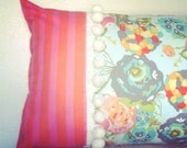 Floral and striped decorative pillow cover, spring/summer decor, pink and orange stripes, cotton fabric, white gimp, 12x18,