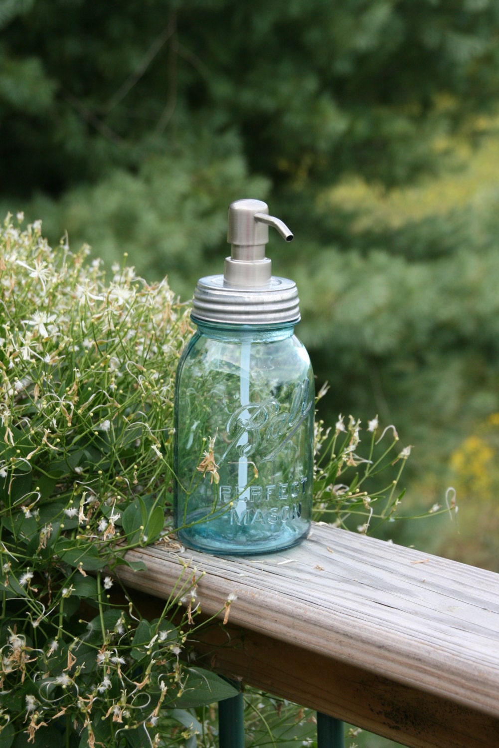 Blue Mason Jar Soap Dispenser with Stainless Metal Pump - Blue Quart Jar Lotion Bottle - Ball Perfect Mason