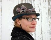 Hand-felted hat - modified trilby with re-purposed necktie trim.  Hazel green and teal blue felt handmade by Swan and Stone Millinery