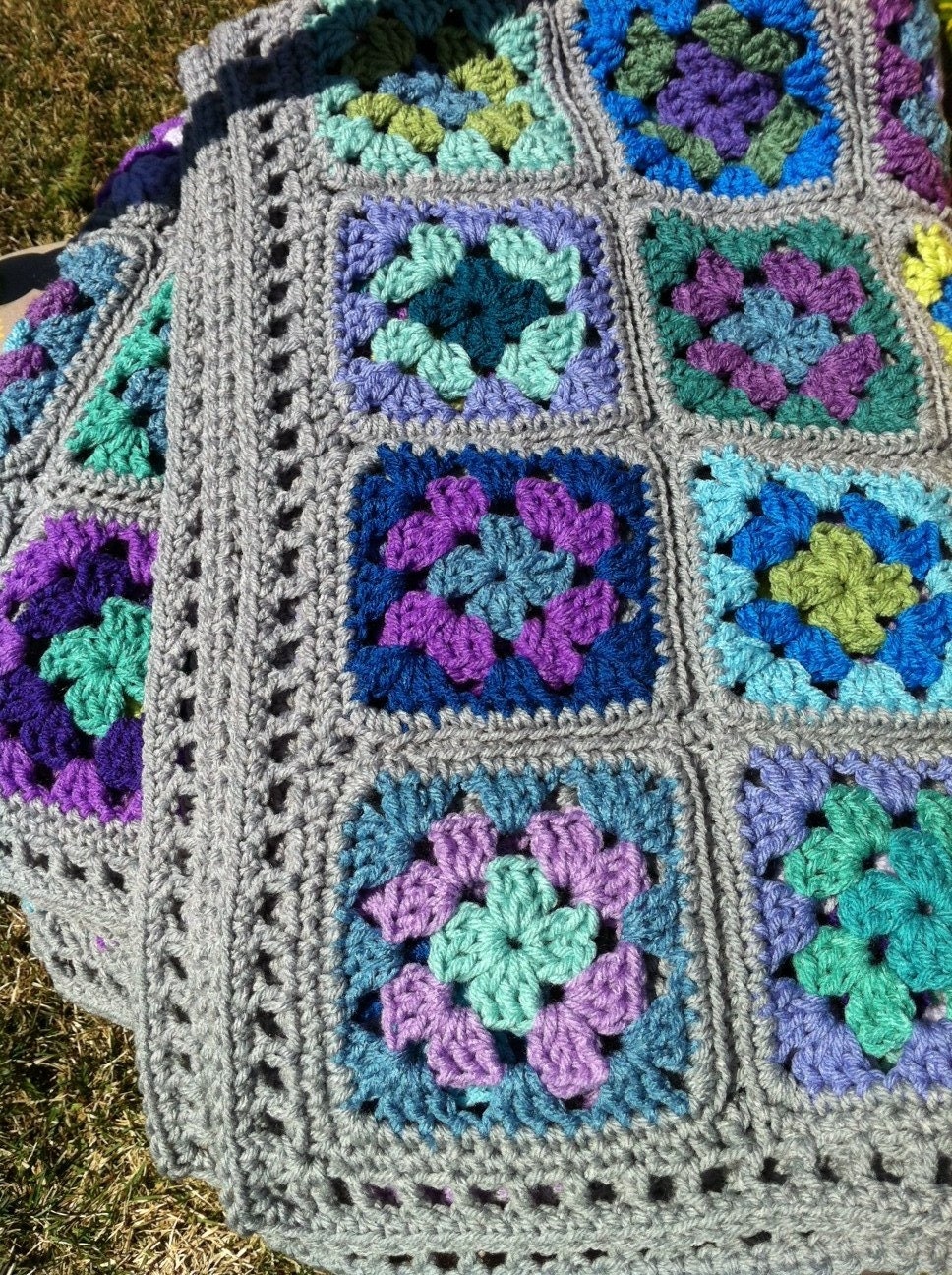 Crocheted afghan granny square afghan 20 shades with grey--MADE TO ORDER