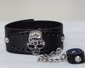 373 Handmade black leather bracelet Metal skull chain and ring Hip hop punk style Men's jewelry bracelet