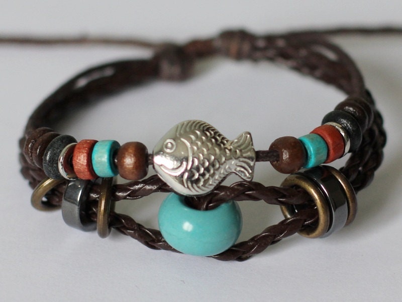 068 Handmade Brown leather bracelet Fashion jewelry woman gift cuff Metal fish and beads
