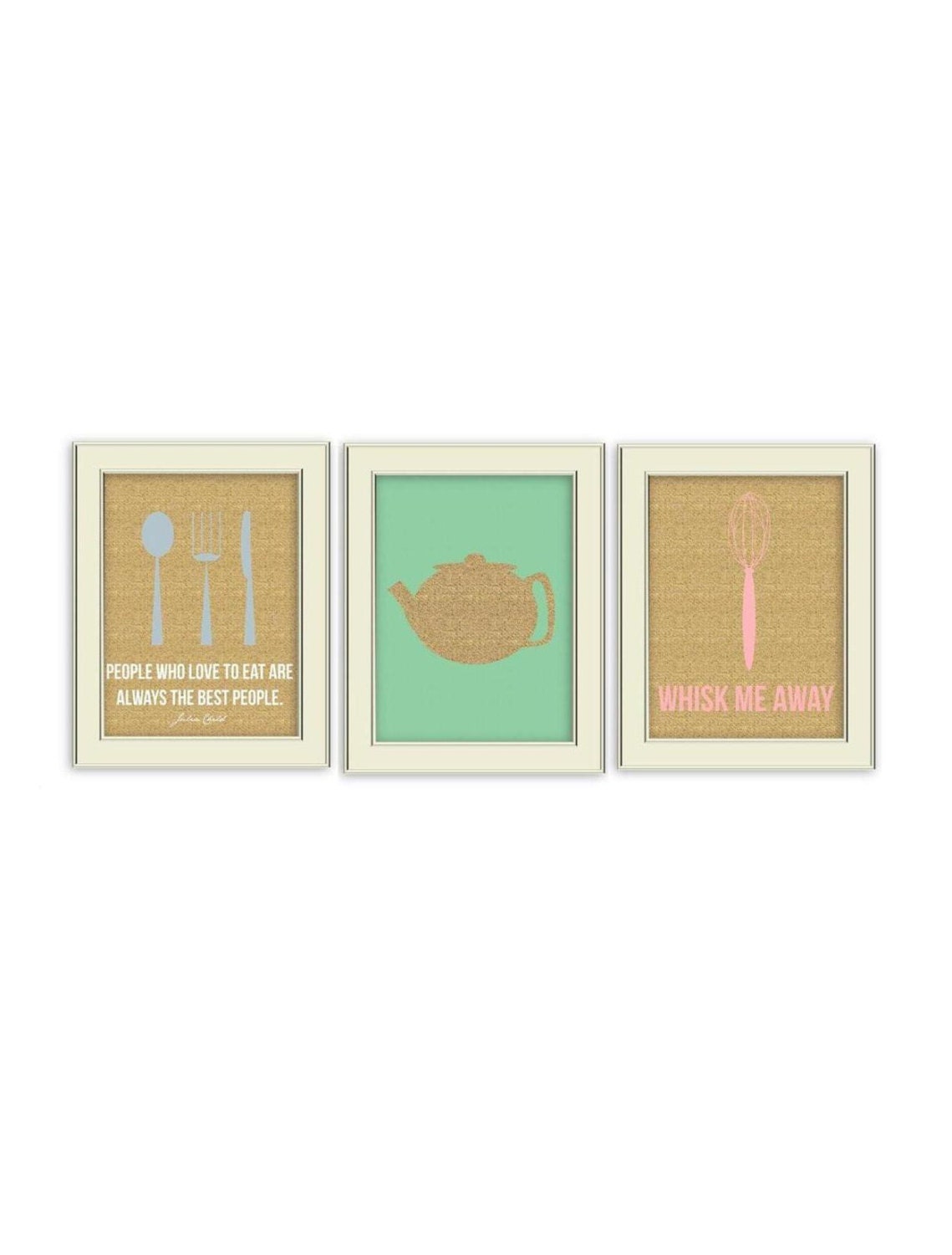 Kitchen Art Prints 3 Piece Custom Set. Kitchen Posters. Costomize Colors. Fork, Spoon, Knife Art, Julia Childe Quote, etc. You Choose any 3.