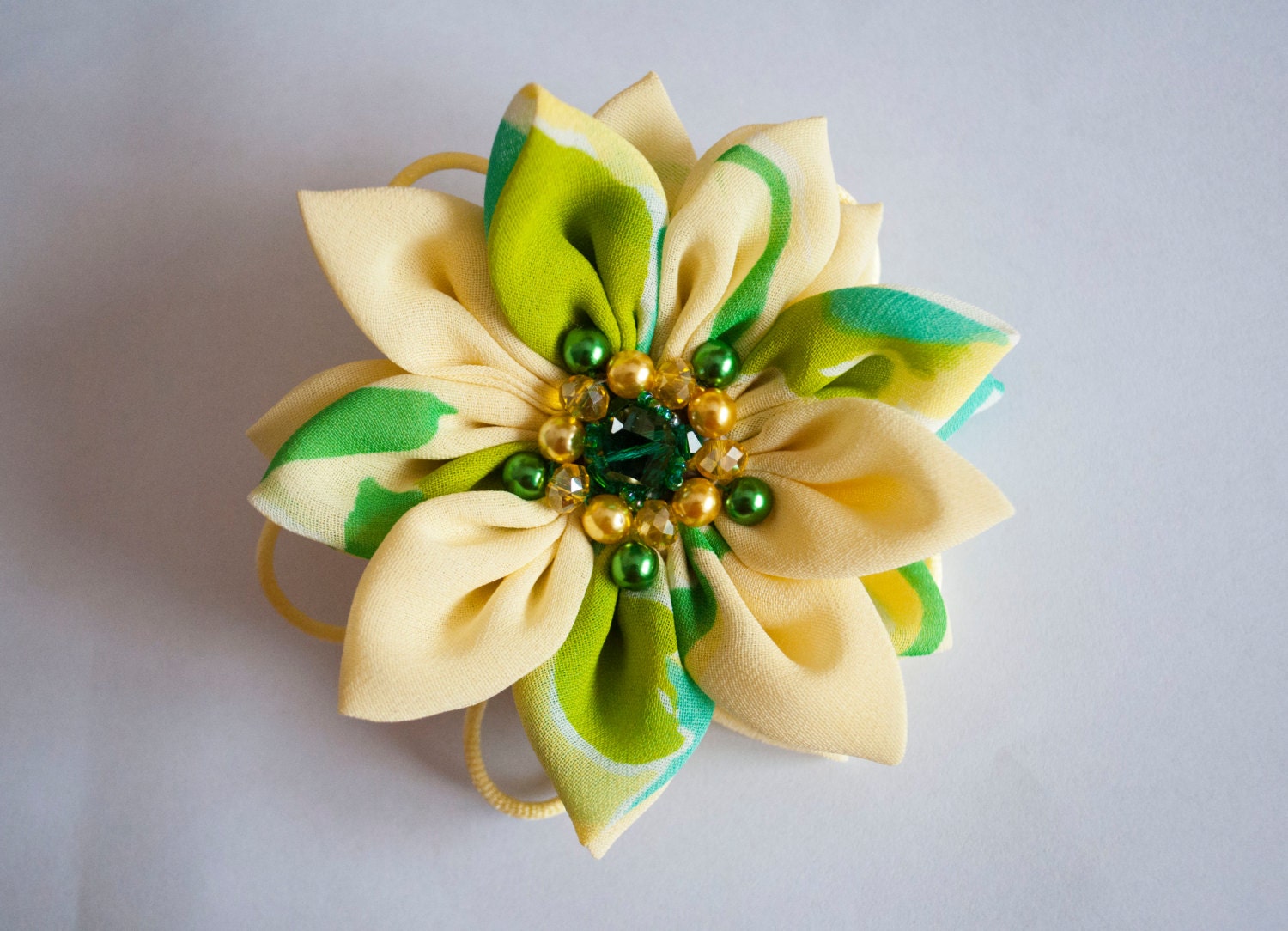 Yellow green brooch, woman brooch, flower, crystals.