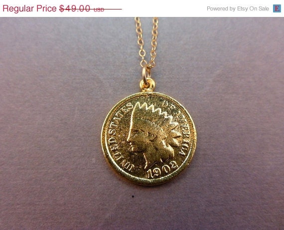 Memorial Day Sale Real Indian Head Penny Coin Pendant Necklace - REAL Cent layered in 24k gold on gold fill chain