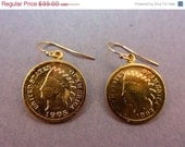 Memorial Day Sale Indian Head Penny Earrings layered in 24k gold with gold fill earwires