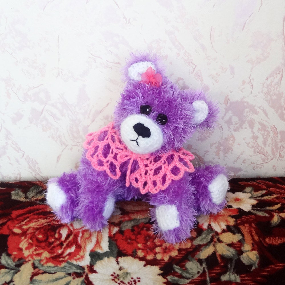 Hand Knit Toy - Soft Plush Lilac Teddy Bear-girl