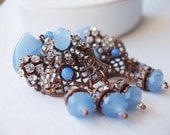 Big Light Blue Rhinestone Post Earrings with Glass Beads and Swarovski Rhinestones Antique Copper Beaded in Vintage Style