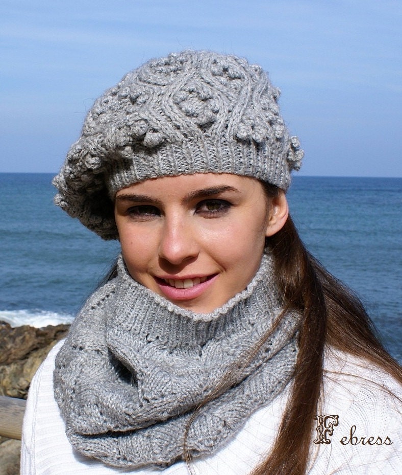 ALPACA Wool Hat boina for womens,hand knitted, Winter hat, gray, pearl, FEBRESS, Handmade, Accessories woman.