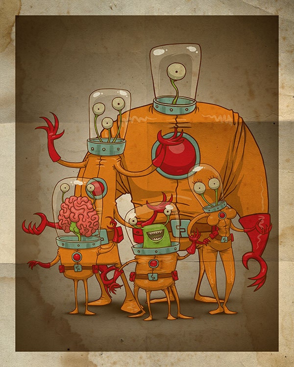 8x10 Steampunk Alien Family Poster