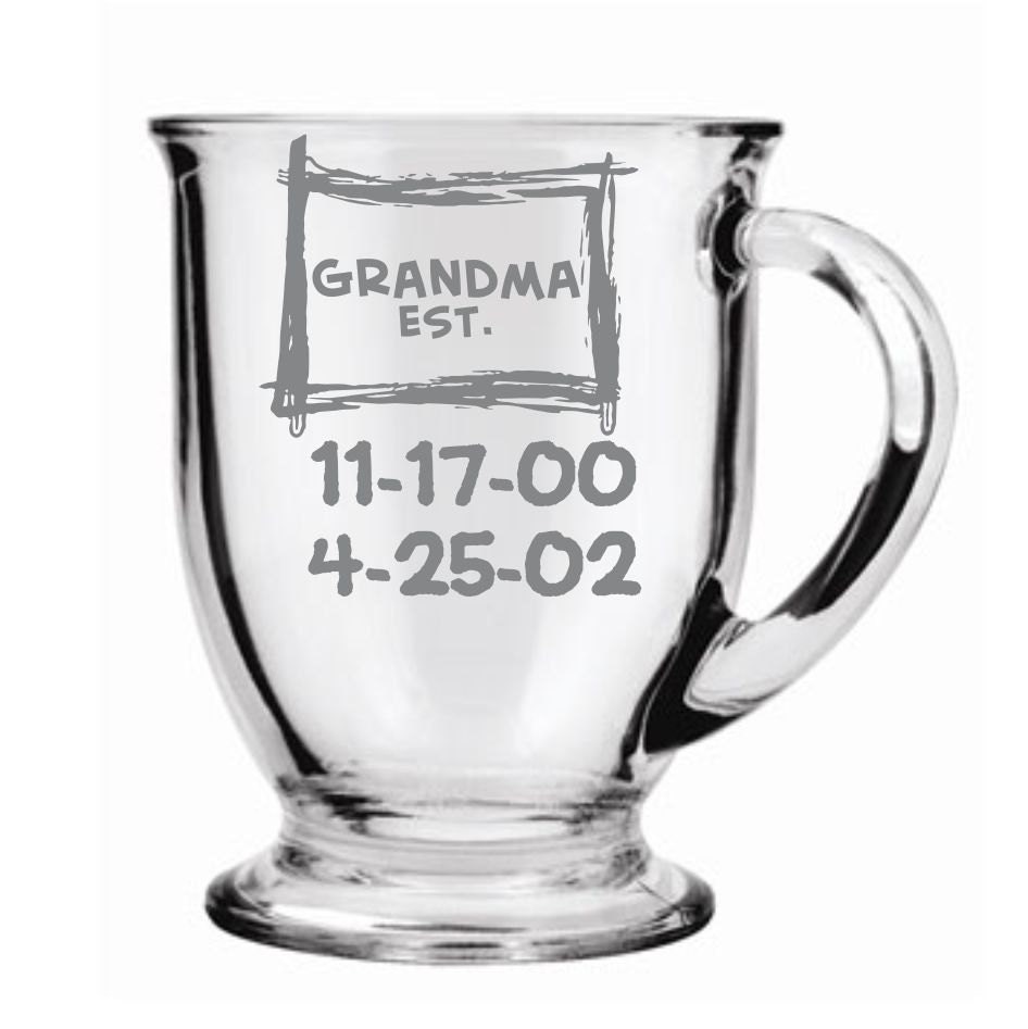 Grandma Established Coffee Mug with Grandkids Birthdates Sand carved (etched)