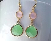 Spring Collections Light Mint Green with Ice Pink Gold Earrings,Drop, Dangle, Glass Earrings, Gemstone,Wedding jewelry