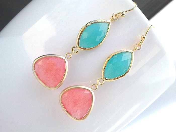 Spring Collection Coral Pink and Mint Blue gorgeous Earrings ,Drop, Dangle, Glass Earrings, bridesmaid gifts,Wedding jewelry