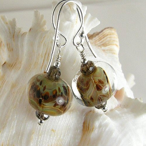 Brown Lampwork Bead Earrings, Smoky Quartz Sterling Silver Earrings