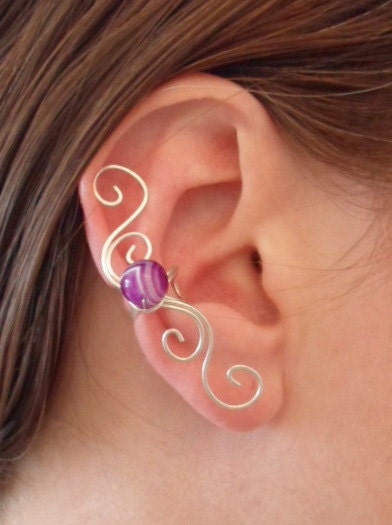 Spiral Ear cuff Sterling Silver 925 with purple and white Agate Onyx bead. Gemstone. Wire Wrapped.