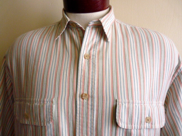 vintage 80's Banana Republic preppy oxford fabric multi color pastel pink blue green vertical stripe button up collar shirt men women unisex