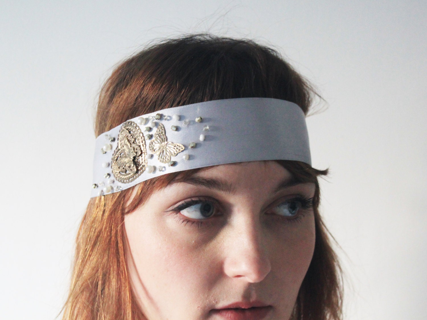 NEW IN: Blue Silk Ribbon Headband Embellished with Gold Heats, Butterflies, Beads and Pearls - FREE Shipping