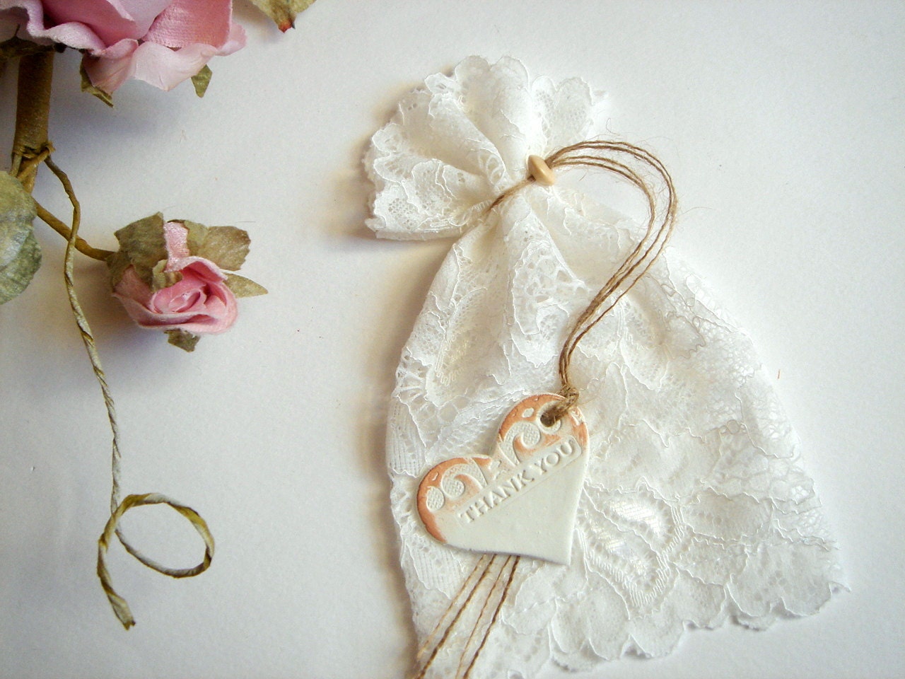 100 Wedding  Favor Bags with clay /Thank you/ tags, Ivory Lace Favor Bags,