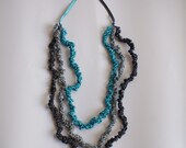 Long turquoise blue grey ribbon necklace. Fiber necklace. Crochet necklace. Three strand neckace
