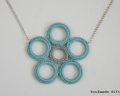 Grey blue crochet bib necklace flower turquoise circle fiber jewelry cotton yarn