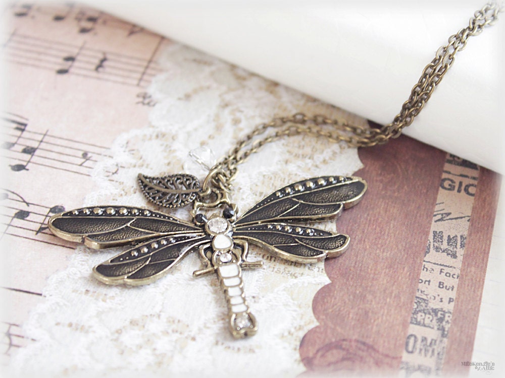Dragonfly necklace, large grey enamel charm  pendant spring woodland vintage style jewelry