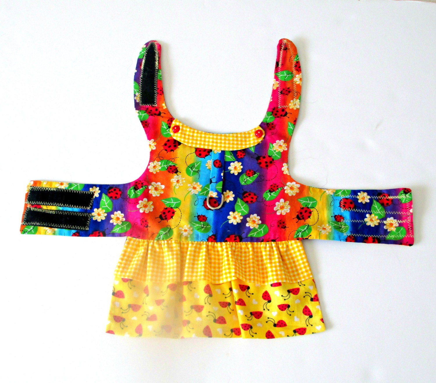 Small Dog's "Juicy" Harness Dress with Multicolored Rainbow/Ladybug Print Bodice, Yellow & Pumpkin Gingham and Ladybug Print Ruffles