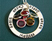 Mother, Grandmother, Nana Solid Sterling Silver Personalized Custom Made 5, Five Name Necklace on 1 Inch Washer with Birthstones