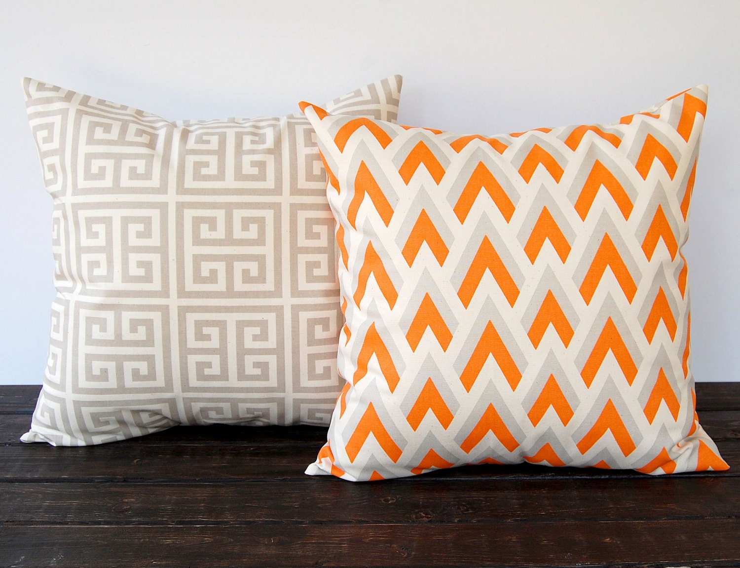 Throw pillow covers Pair 16" x 16" cushion covers orange gray natural throw pillow covers chevron greek key modern decor