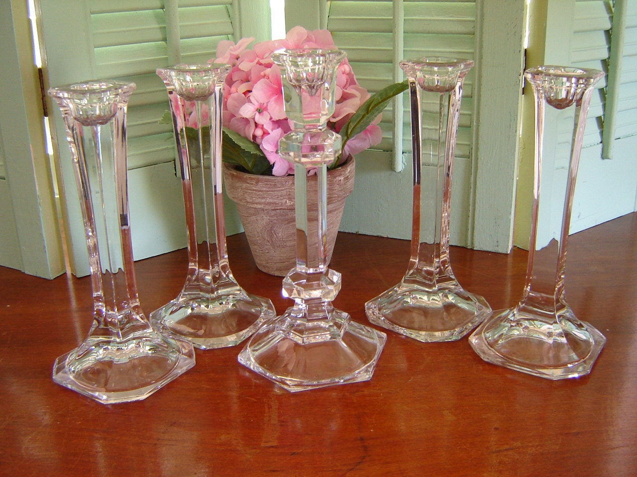 REDUCED/5 Crystal candleholders/ wedding table decor/ home decor/ crystal